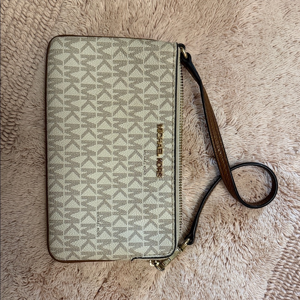 Michael Kors Cream and Brown Logo Wristlet